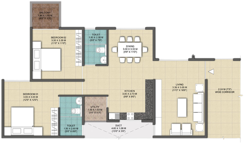 2 BHK floor plan, Krishna Mystiq, 1,100 sq ft super built-up area