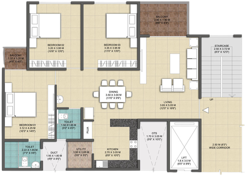 3 BHK floor plan, Krishna Mystiq, 1,375 sq ft super built-up area