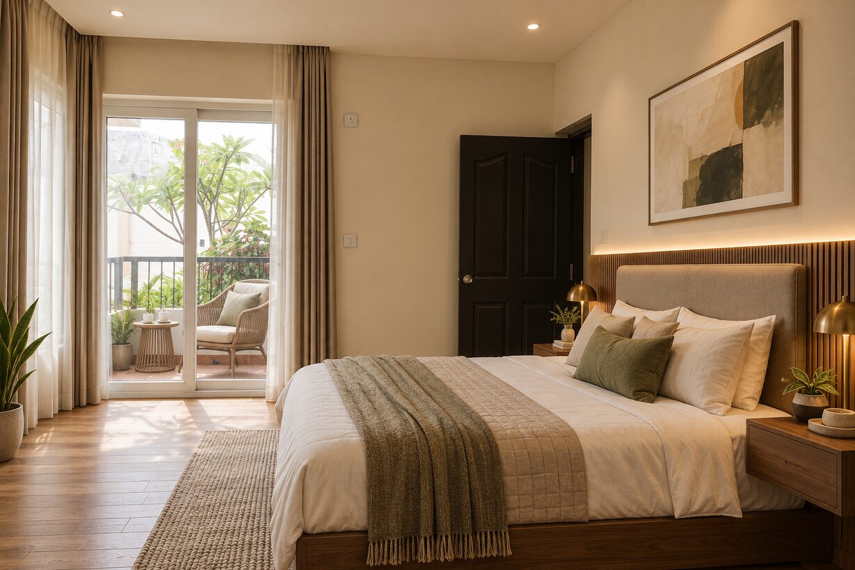 Master bedroom with natural light and balcony, Krishna Mystiq