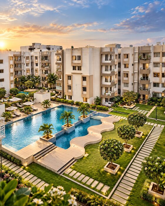Swimming pool and sun deck at Krishna Mystiq apartments